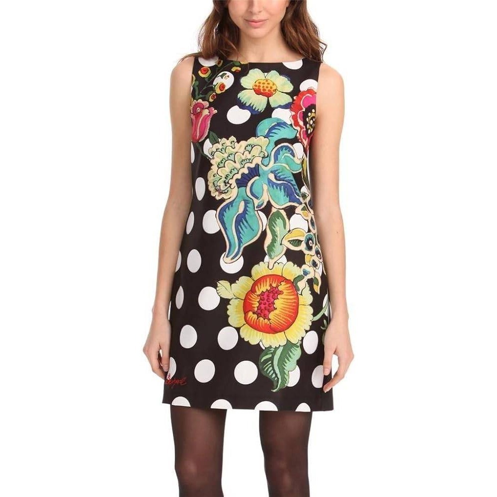 Desigual Black Polka Dot & Watercolor Floral Sleeveless Sheath Dress Size 38‎